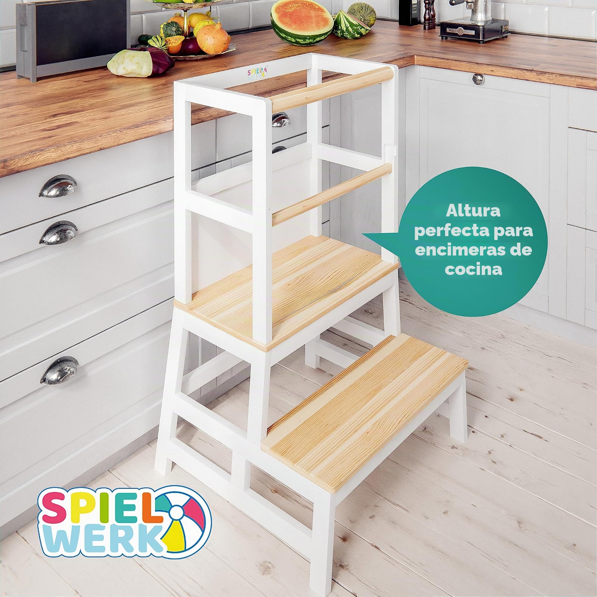 SPIELWERK® Torre de Aprendizaje Montessori Niños 100Kg Taburete Infantil 93cm Antivuelco Madera Pino Blanco