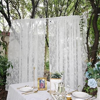 White Lace Curtain Flowers Embroidery Voile Curtain with Rod Pockets Transparent Curtains with Curtain Tiebacks for Living Room Bedroom Kitchen Set of 2 W 150 x H 200 cm