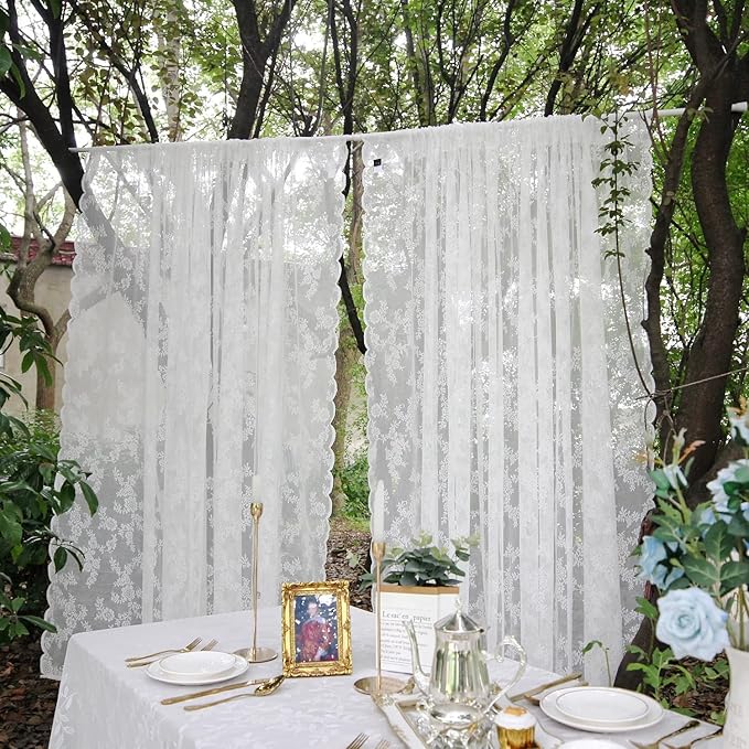 2er Set Weiße Spitzenvorhänge - Vintage Blumen Stickerei 150x200cm