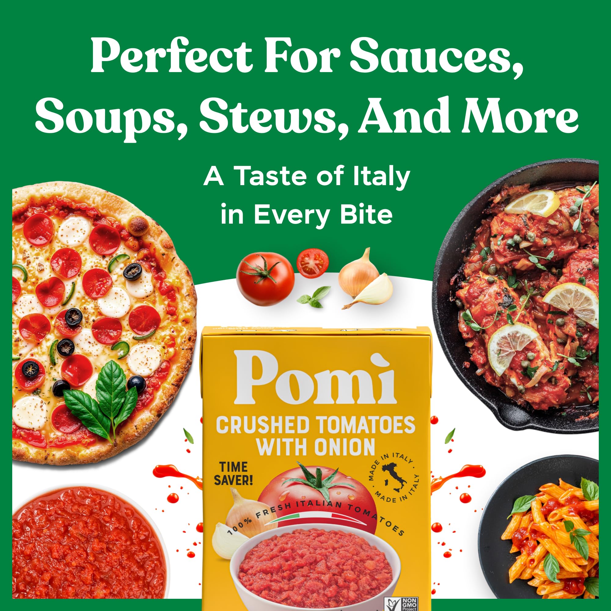 Pomì Crushed Tomatoes with Onion 13.8oz (Pack of 12) - Creamy, Velvety Italian Tomato Sauce No Salt Added, No Additives or Preservatives - BPA free Tomato Crushed - Made from 100% Fresh Italian Tomatoes