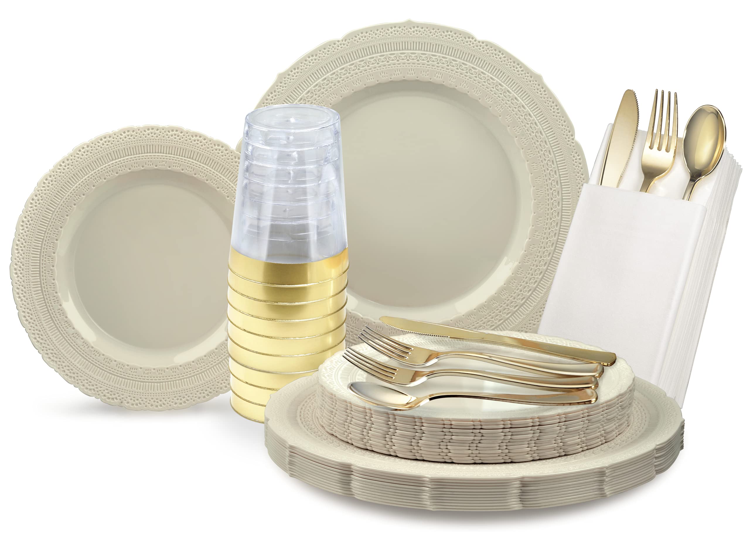 " OCCASIONS " 960pcs set (120 Guests)-Vintage Wedding Party Disposable Plastic Plates -120 x 11'' + 120 x 8.25''+Silverware+Gold rim Cups+Napkins (Chateau in Ivory)