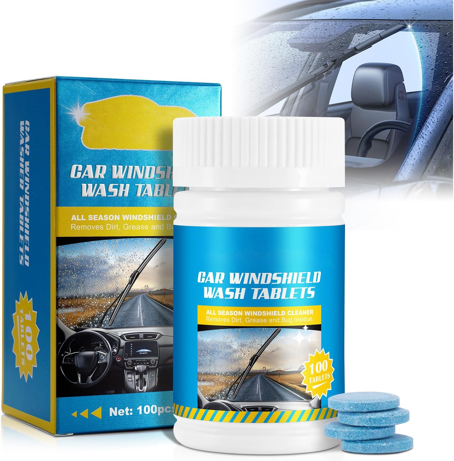 Car Screenwash Tablets 100PCS Car Windshield Washer Tablets Effervescent Wiper Fluid Solid Concentrated Screenwash Washer Fluid Car Window Cleaning