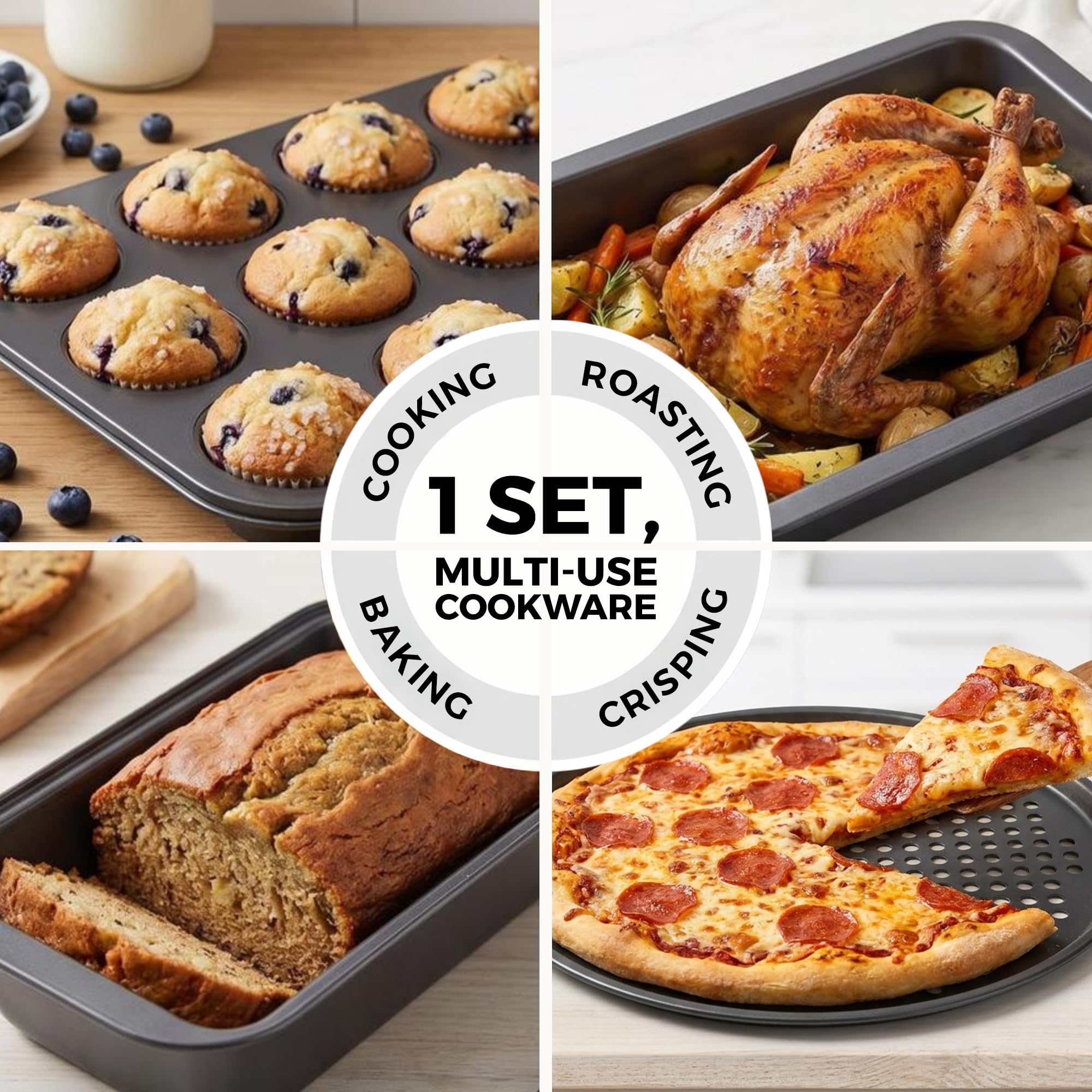 PERLLI 10-teiliges Backformen-Set mit Antihaftbeschichtung, inkl. Backformen, Pizzablech, Braten, Brot, Muffin, 2 runde Kuchenbackformen, große und mittelgroße antihaftbeschichtete Keksbleche