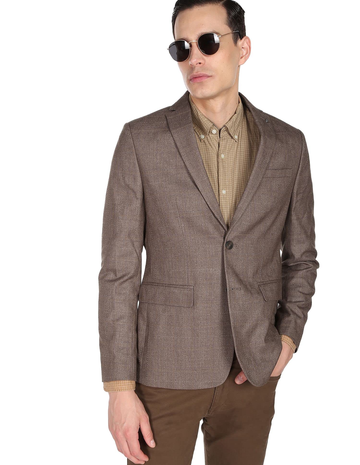 Men Brown Tartan Check Tailored Fit Zero Calorie Fit Formal Blazer-image-31
