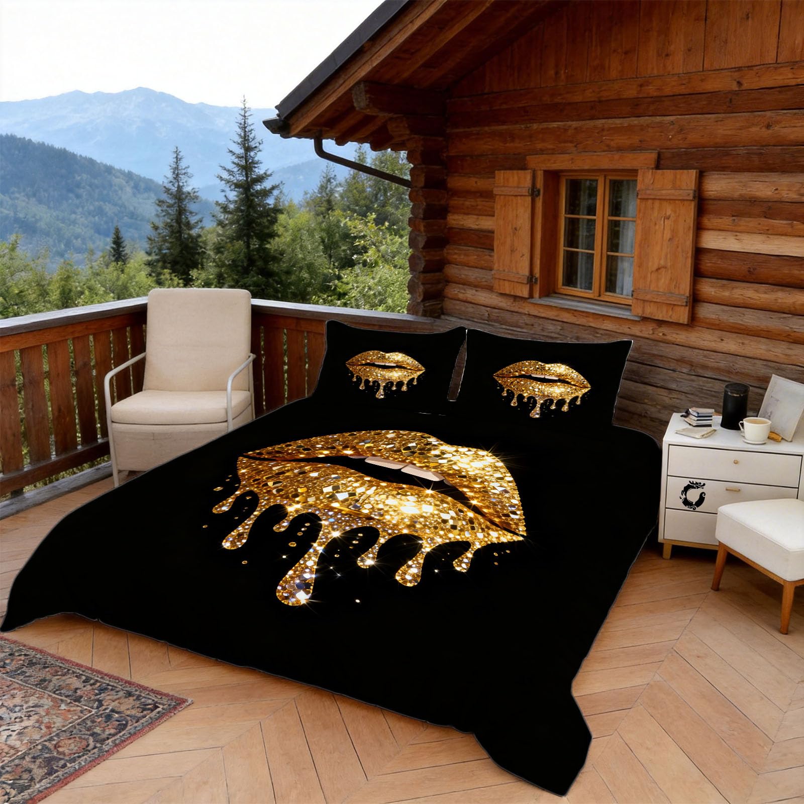 Copripiumino Matrimoniale 240x220 Labbra Dorate, Copripiumino Alla Moda 3D Microfibra Biancheria da Letto, Duvet Cover con 2 x Federe 50x80 cm