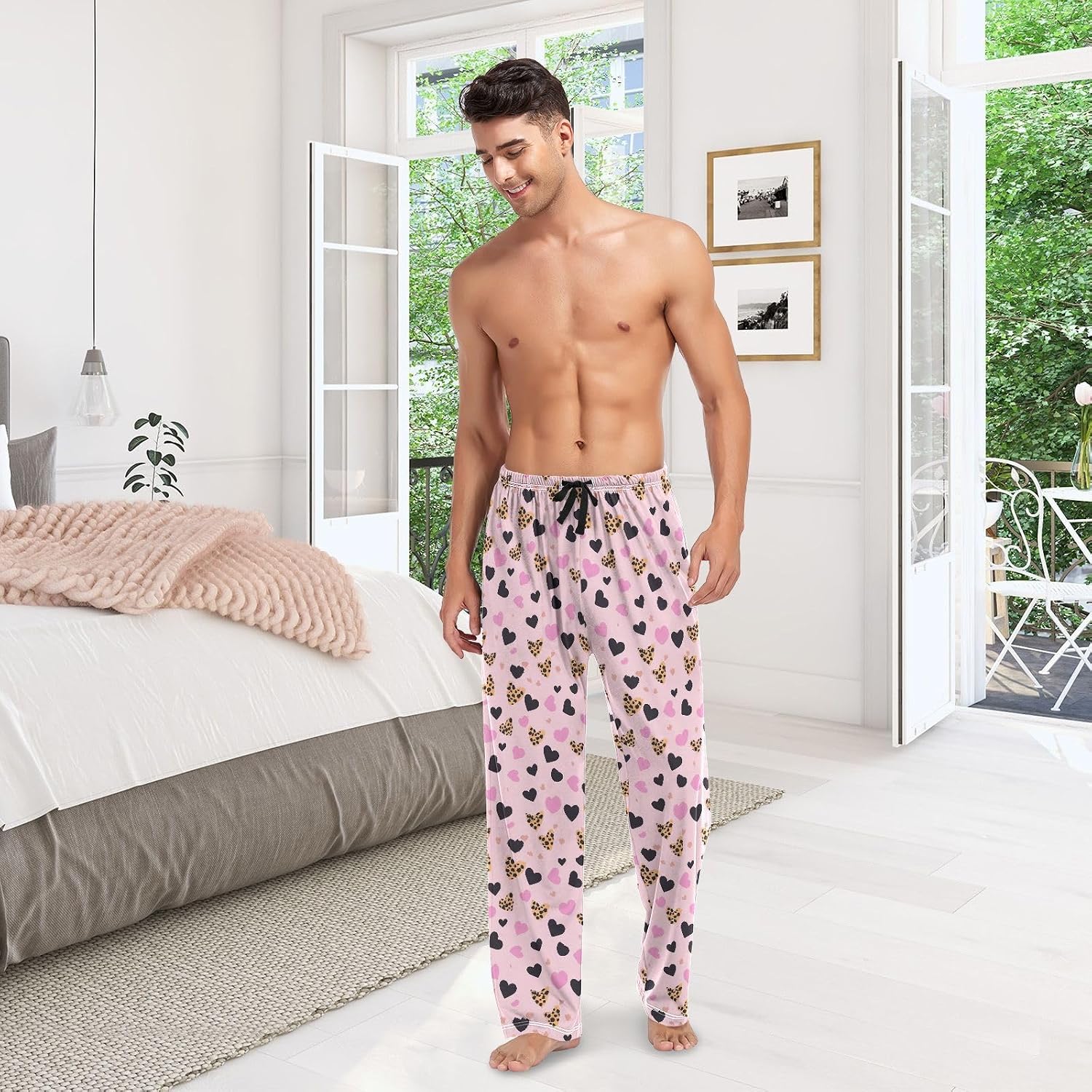 ALAZA Heart Cheetah Leopard Print Men's Sleepwear Mens Pajama Pants Bottoms with Pockets, S