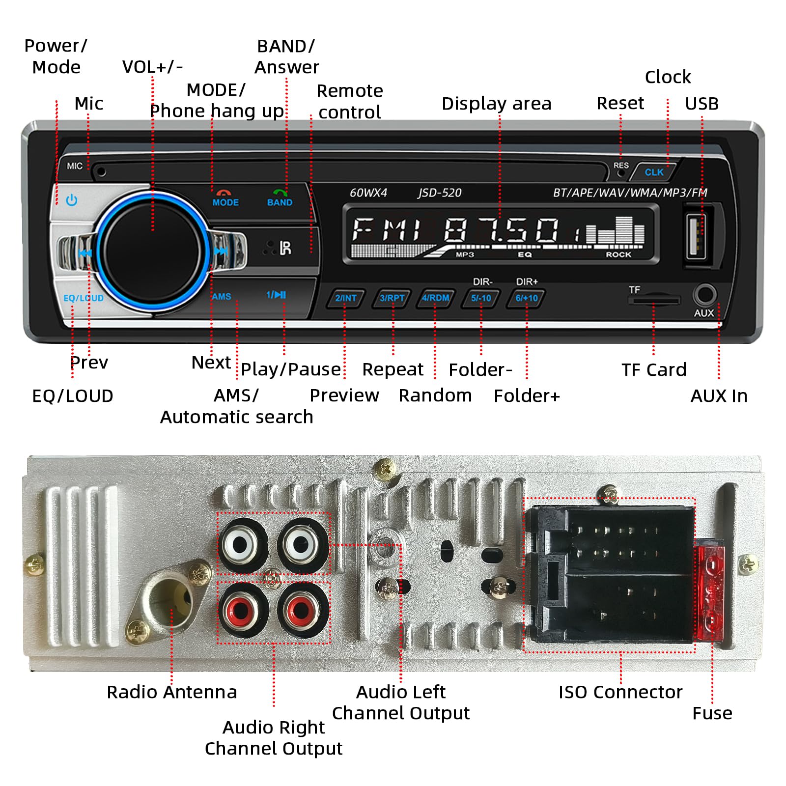 JSD-520 - Reproductor de audio estéreo para coche, MP3, Bluetooth, manos libres, receptor de radio FM, carga USB/AUX/TF, sin reproductor de CD