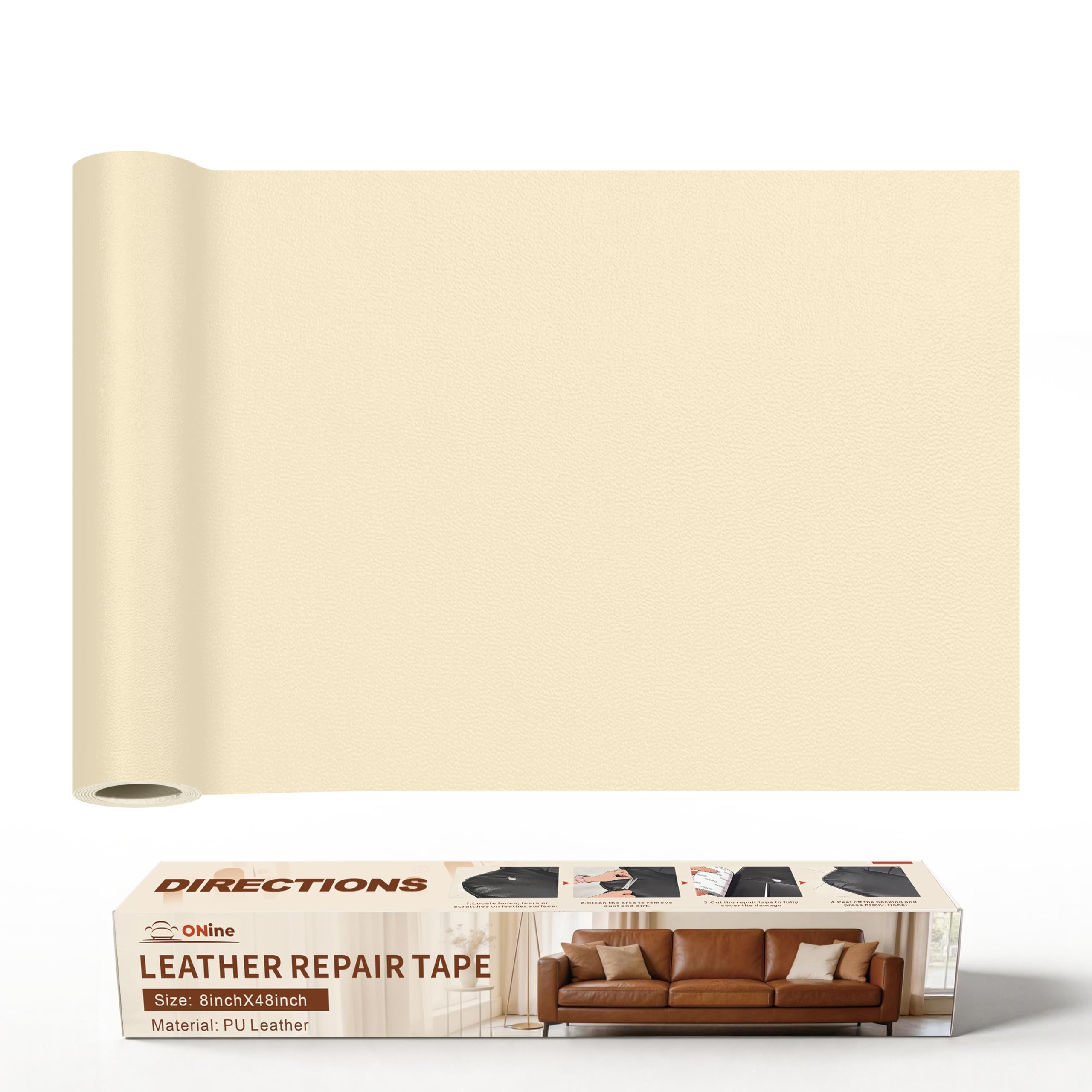 ONine Leather Repair Tape,Self Adhesive Leather Repair Patch,Leather Patches for Furniture,Sofa,Car Seats,Office Chair. Vinyl Repair Kit 8x48in(White Khaki)