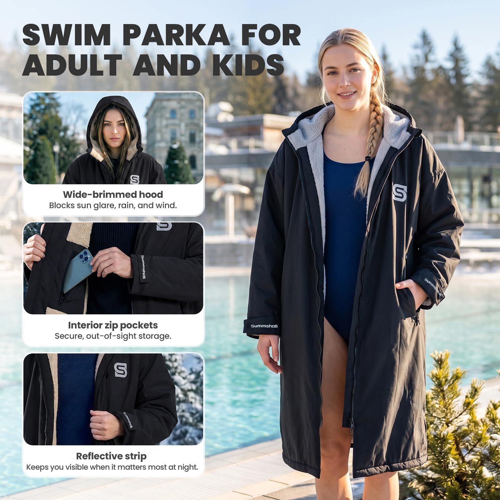 Wasserdichter Badeparka für Kinder, Jugendliche und Erwachsene, übergroßer Kapuzenmantel mit Sherpa-Fleece-Futter, winddicht, warm, Surf-Poncho zum Schwimmen, Surfen, Strand, Pool, Camping