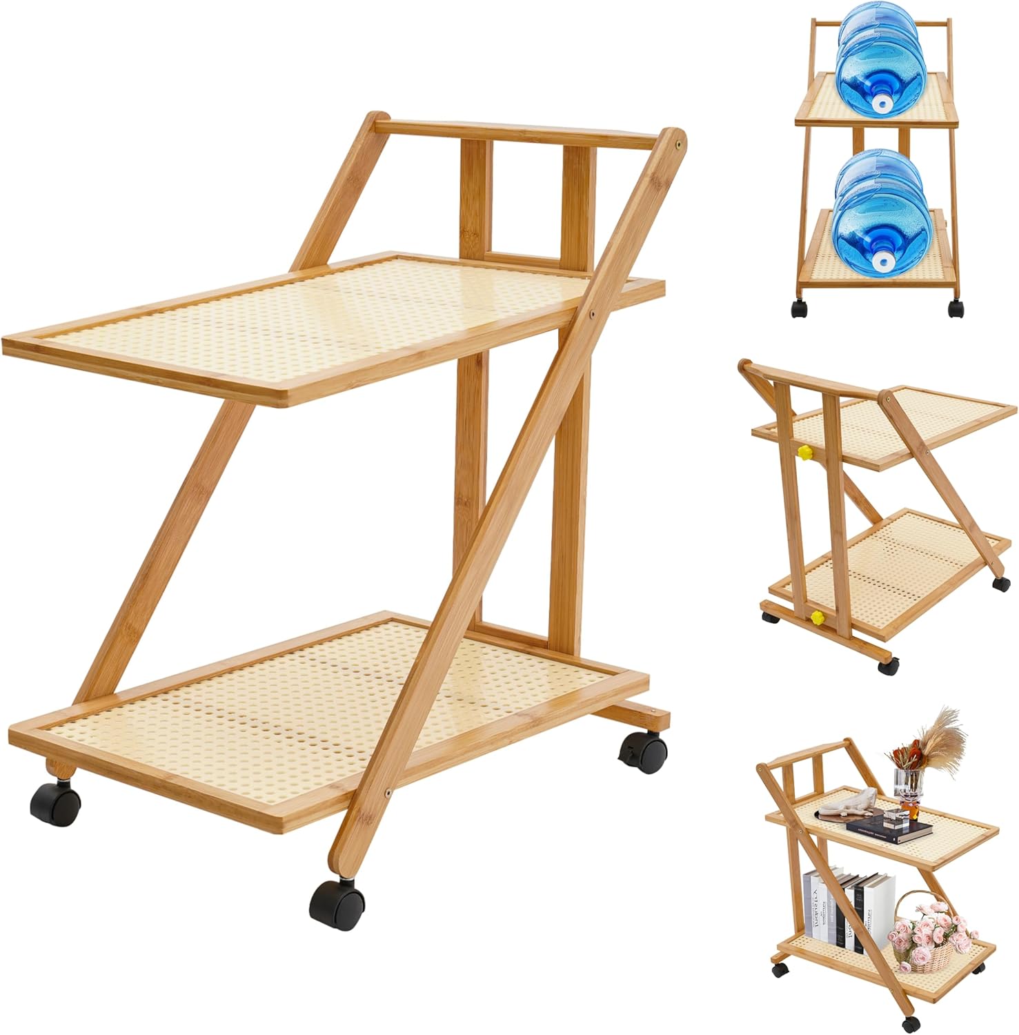 2-Tier Foldable Rolling Coffee Bar Cart Home Utility Cart Storage Organizer Rack on Wheel, Multifunctional Storage Trolley Shelving Unit for Bar Cafe Studio Kitchen Dining Bedroom- A Style Nature