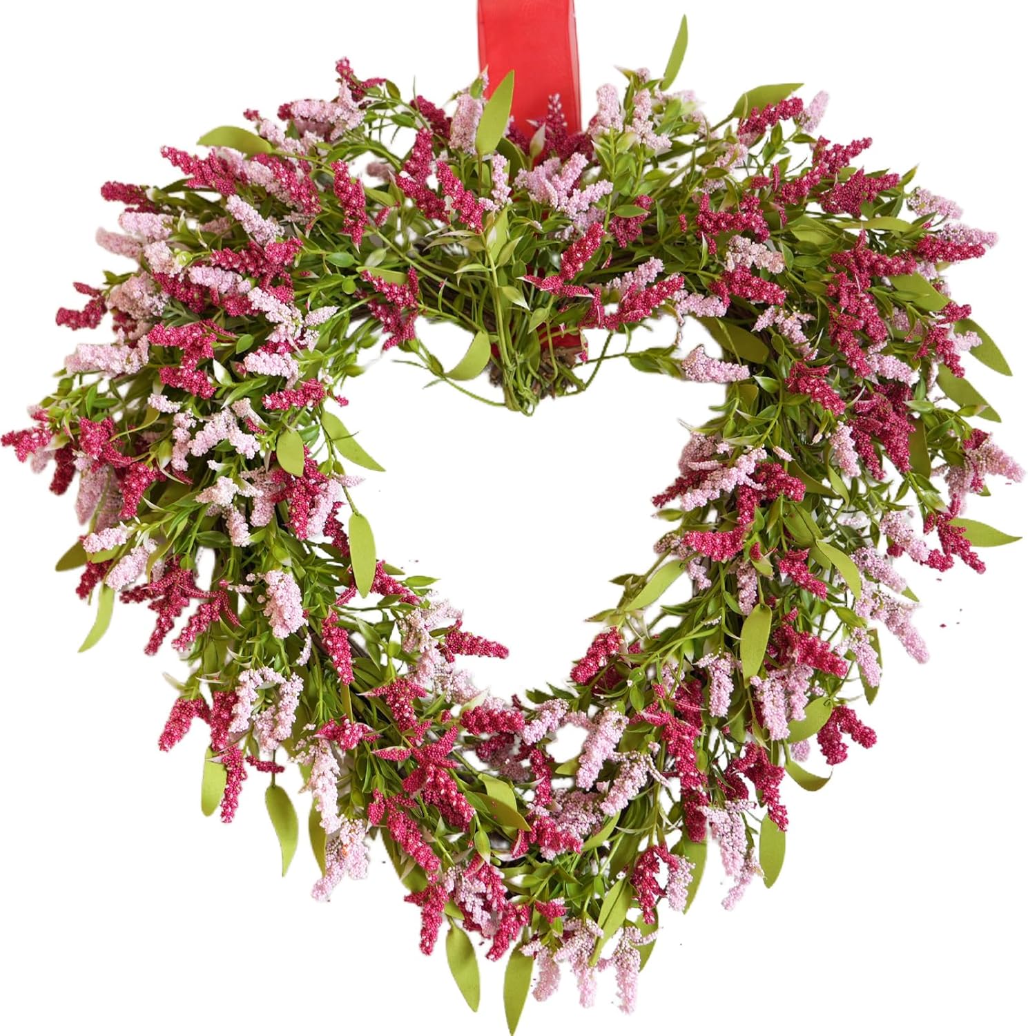 idyllic 18 Inch Spring Pink Tassel Heart Wreath, Artificial Pink Spikes & Green Leaf Decor for Front Door Indoor Mantel Table Valentine Wedding Anniversary Dinner Gift