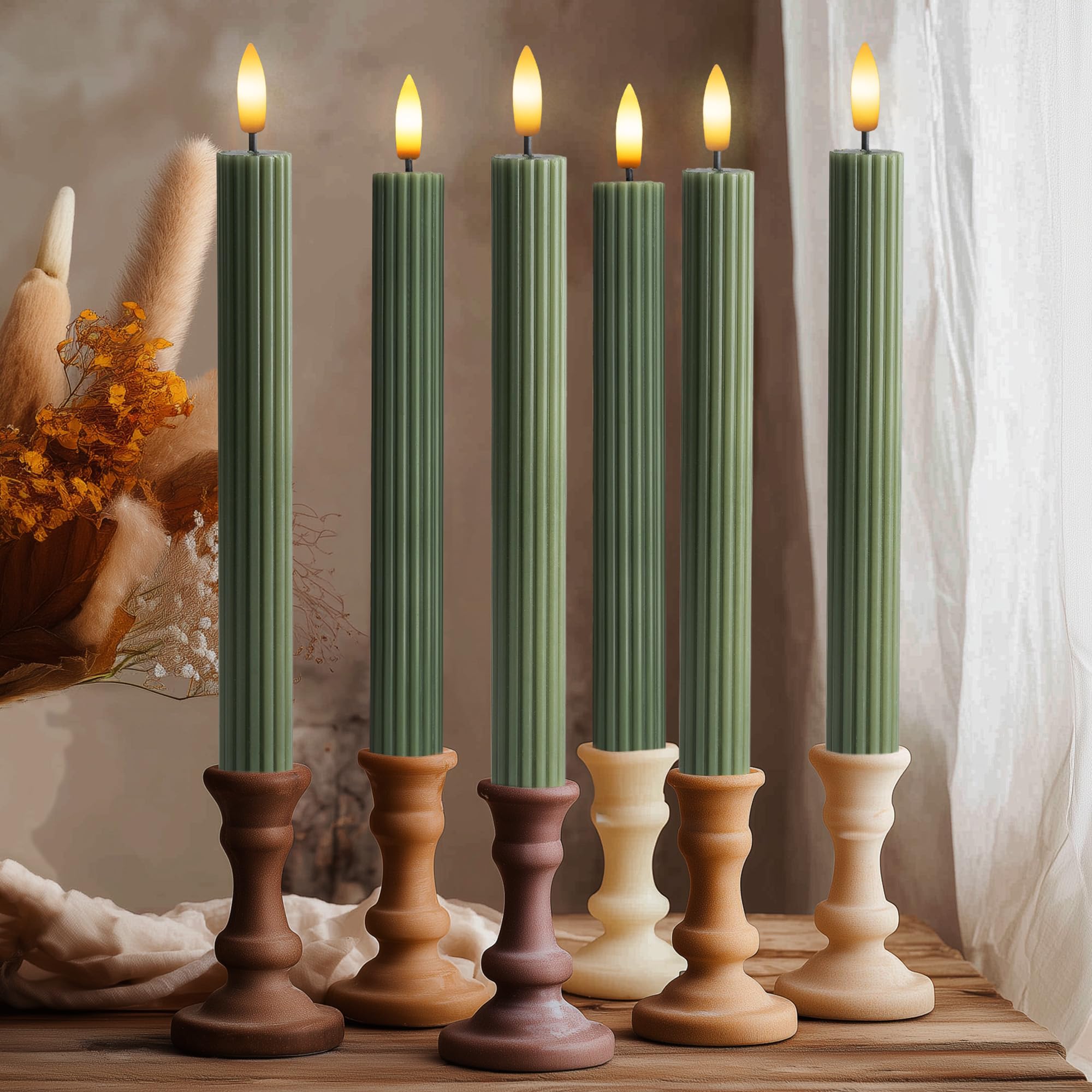 West Ivory 12 Pack, 10" LED Flameless Loden Green Fluted Ribbed Grooved Taper Candles, Remote & 24h Timer Memory, On/Off Button, Dimmable, Flicker Mode, Battery Operated, Christmas Menorah Wedding
