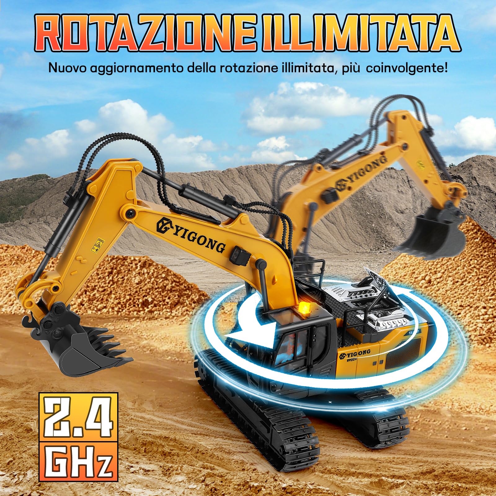 Charmofun Escavatore Radiocomandato, Escavatore Giocattolo con Telecomando a Gravità, Ruspa Telecomandata a Rotazione Infinita con Luci e Musica, Regalo Perfetto per Bambini 3-12 Anni