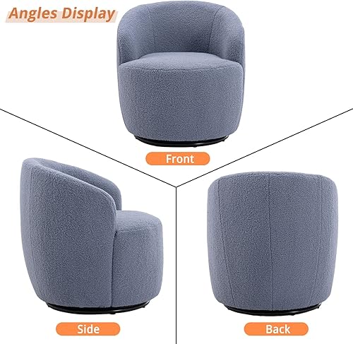 Miniatura 38 de KIVENJAJA Silla giratoria de barril tapizada de tela de peluche, moderna silla redonda con brazos, sillón pequeño giratorio de 360 grados para Azul