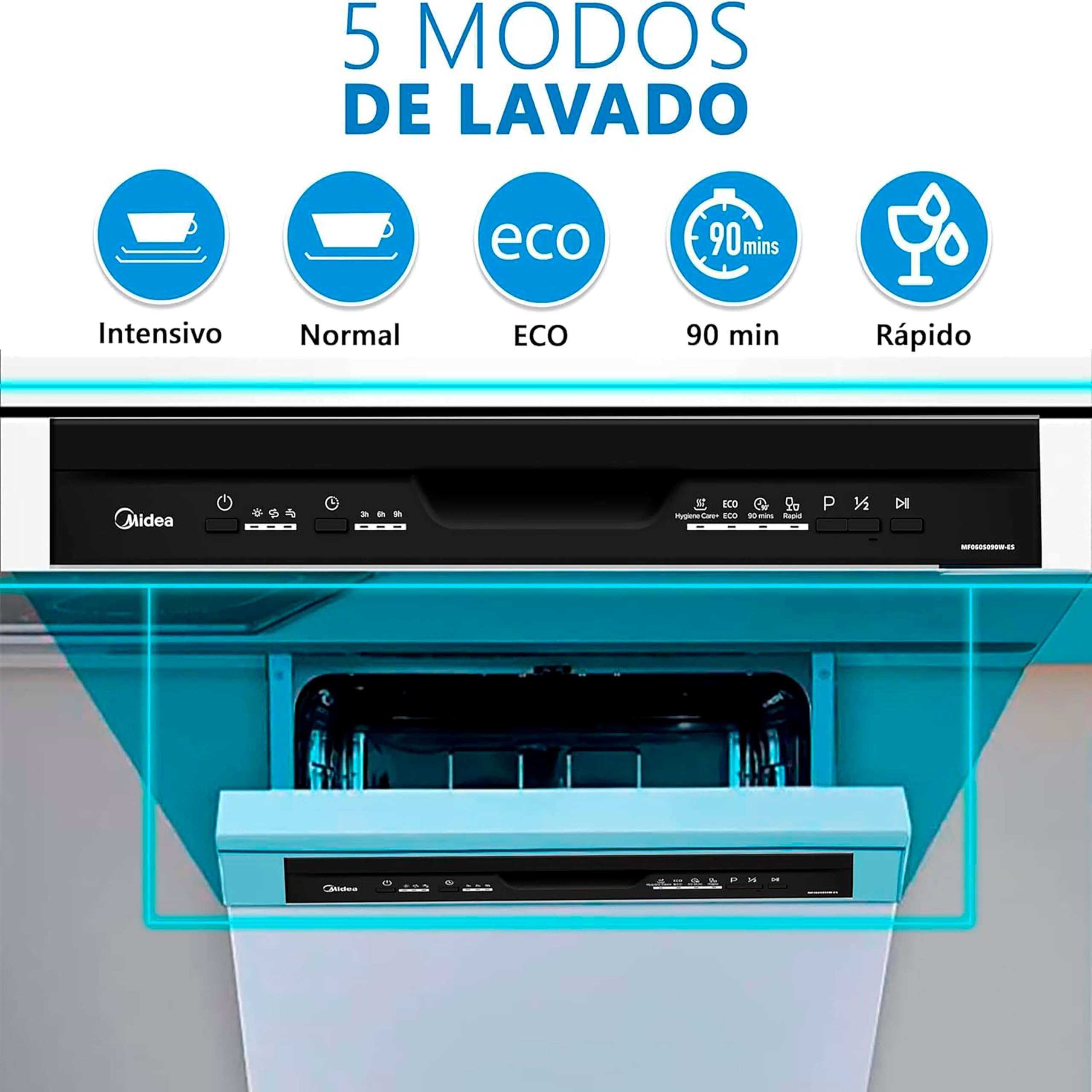 Midea Lavavajillas 60 cm+++ Blanco para 12 servicios - Lavaplatos libre instalación - Compacto con 4 Programas de Lavado integrable - Filtro Antibacterias y Programación Horaria Nuevo Modelo — view 2