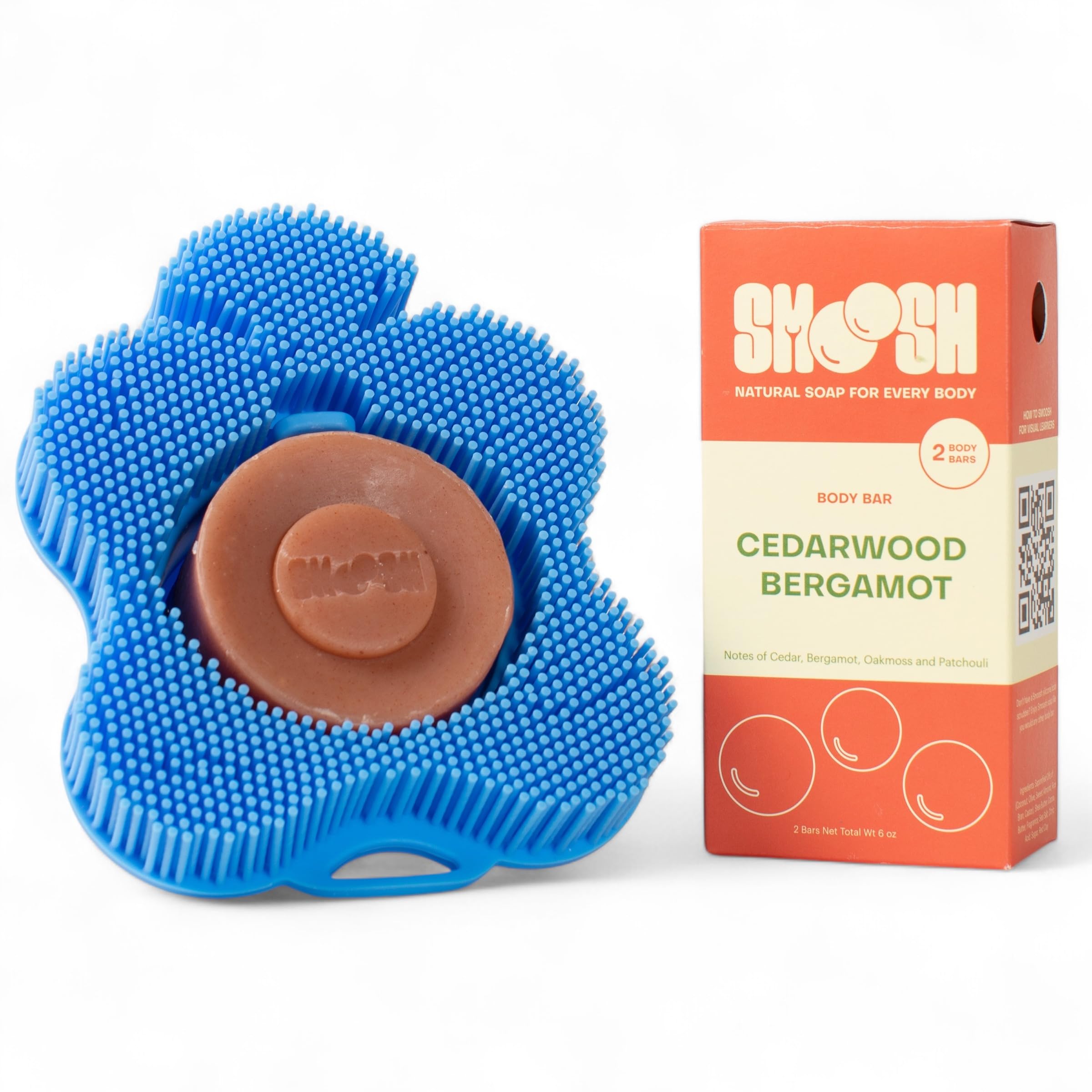 Smoosh® Körperschrubber, Blau & 2 Stück Seife, Zedernholz Bergamotte – Silikon-Körperschrubber mit eingebetteter Seife für Duschpeeling und Reinigung