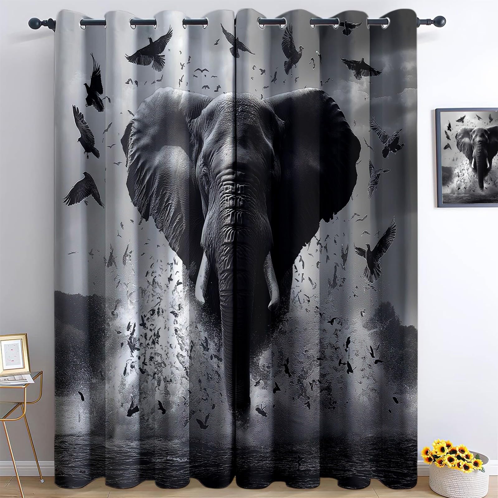 Zasłony Termiczne 140x260 cm Set 2 – Antirumore, Anti-Luce, Elefanti Uccelli, Szary