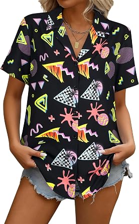 ZXZY 80s 90s Shirt for Women Retro Theme Party Disco Shirts 80s Neon Shirts Hawaiian Button Down Blouses Short Sleeve Tops