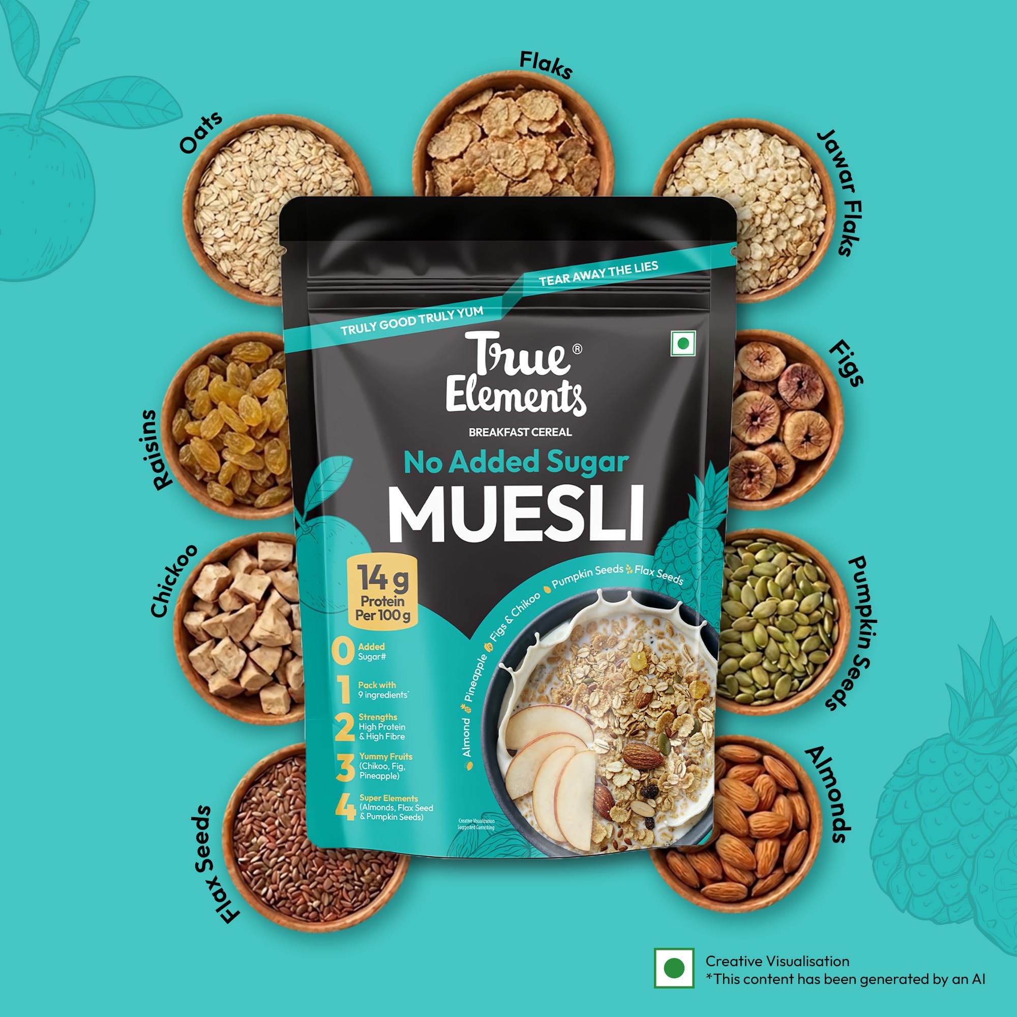 True Elements Musli bez dodatku cukru 700 g - 14 g czyste białko, bez cukru, dietetyczna żywność odchudzająca, płatki śniadaniowe z kaszą jaglaną