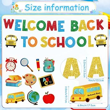 Welcome Back to School Banner Decorations, 3 Pcs Glitter Back to School Garland Apples Pencil Banner for First Day of School Preschool Kindergarten Classroom Teacher Office Party Supplies