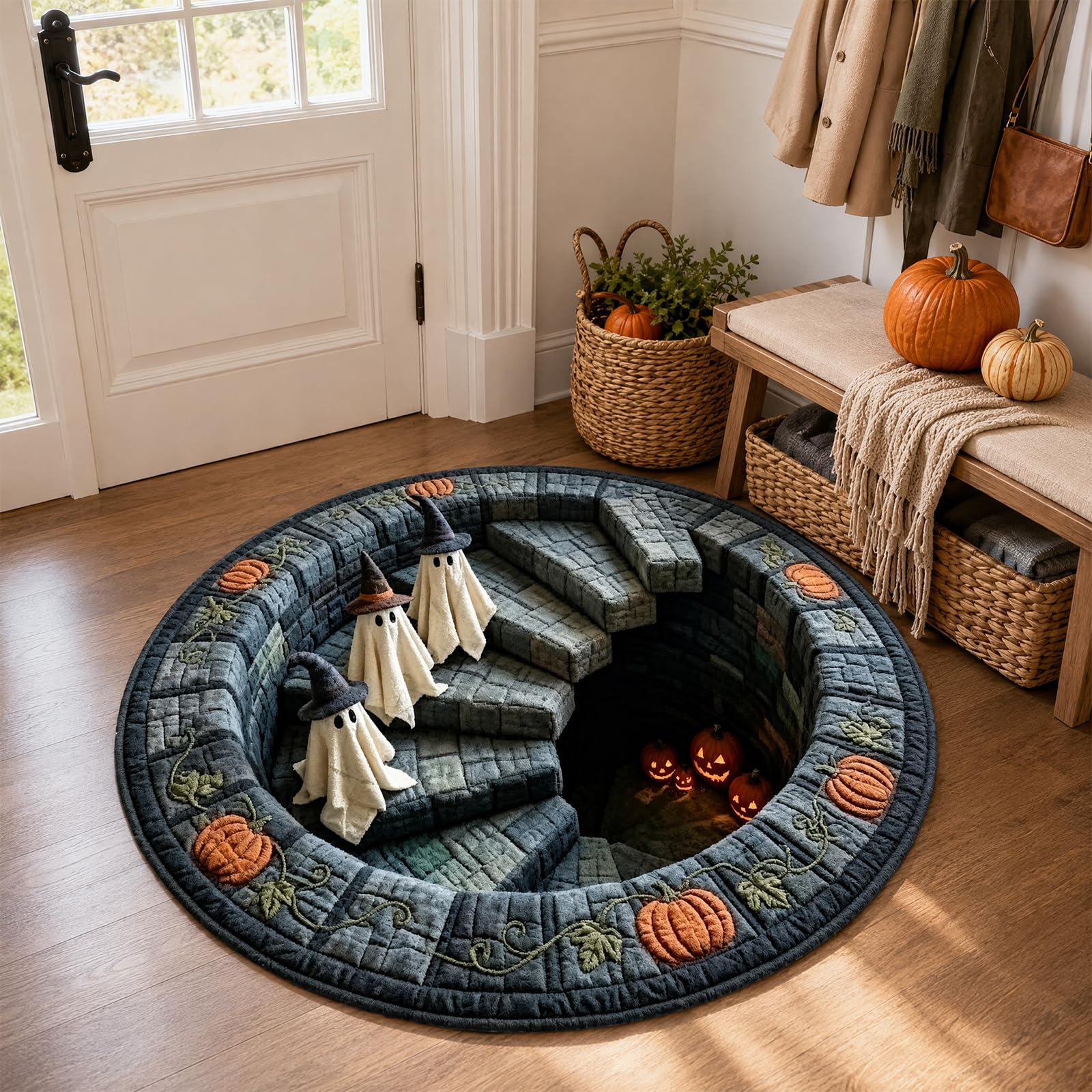 Tapis rond en velours antidérapant avec impression visuelle en spirale pour
