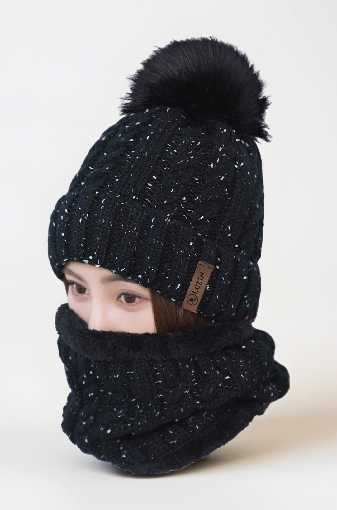 LCZTN Womens Pom Beanie Hat Scarf Set Girls Cute Winter Ski Hat Slouchy Knit Skull Cap with Fleece Lined