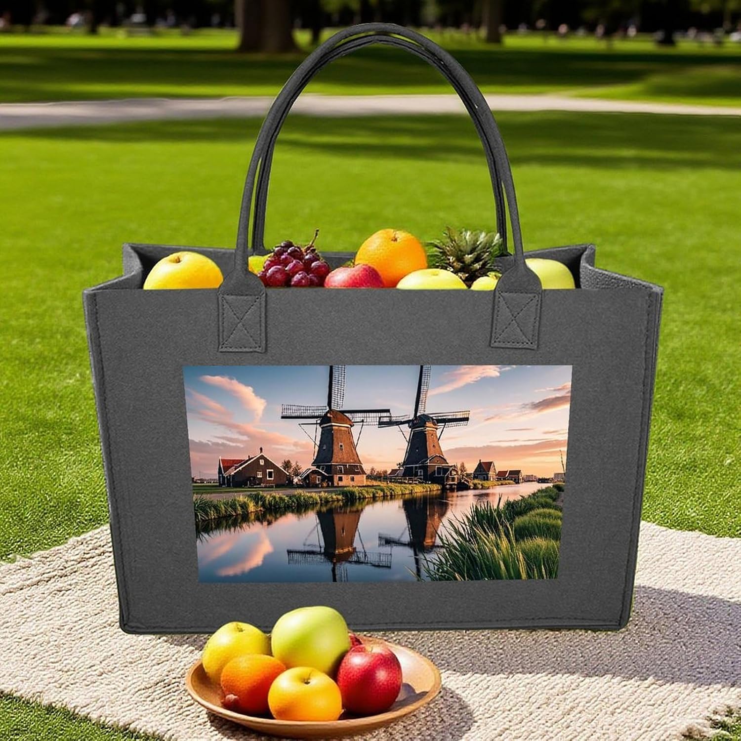 Dutch Windmill Tote Bag for Unisex, Large Felt Shopping Bag with Handles, Handbag, Reusable Gift Bag