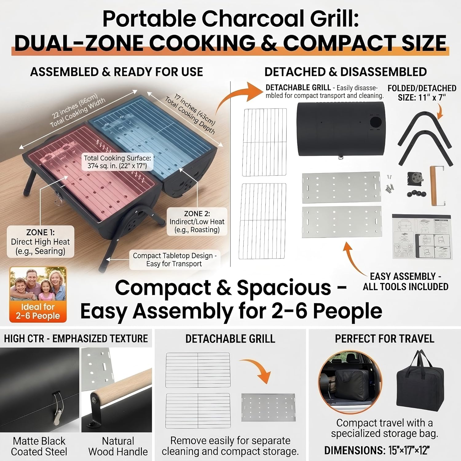 portable charcoal grill, 22" x 17"small tabletop bbq grill,dual-zone grilling,heavy duty steel, easy assembly, compact & portable for outdoor camping,picnic,tailgate,backyard party