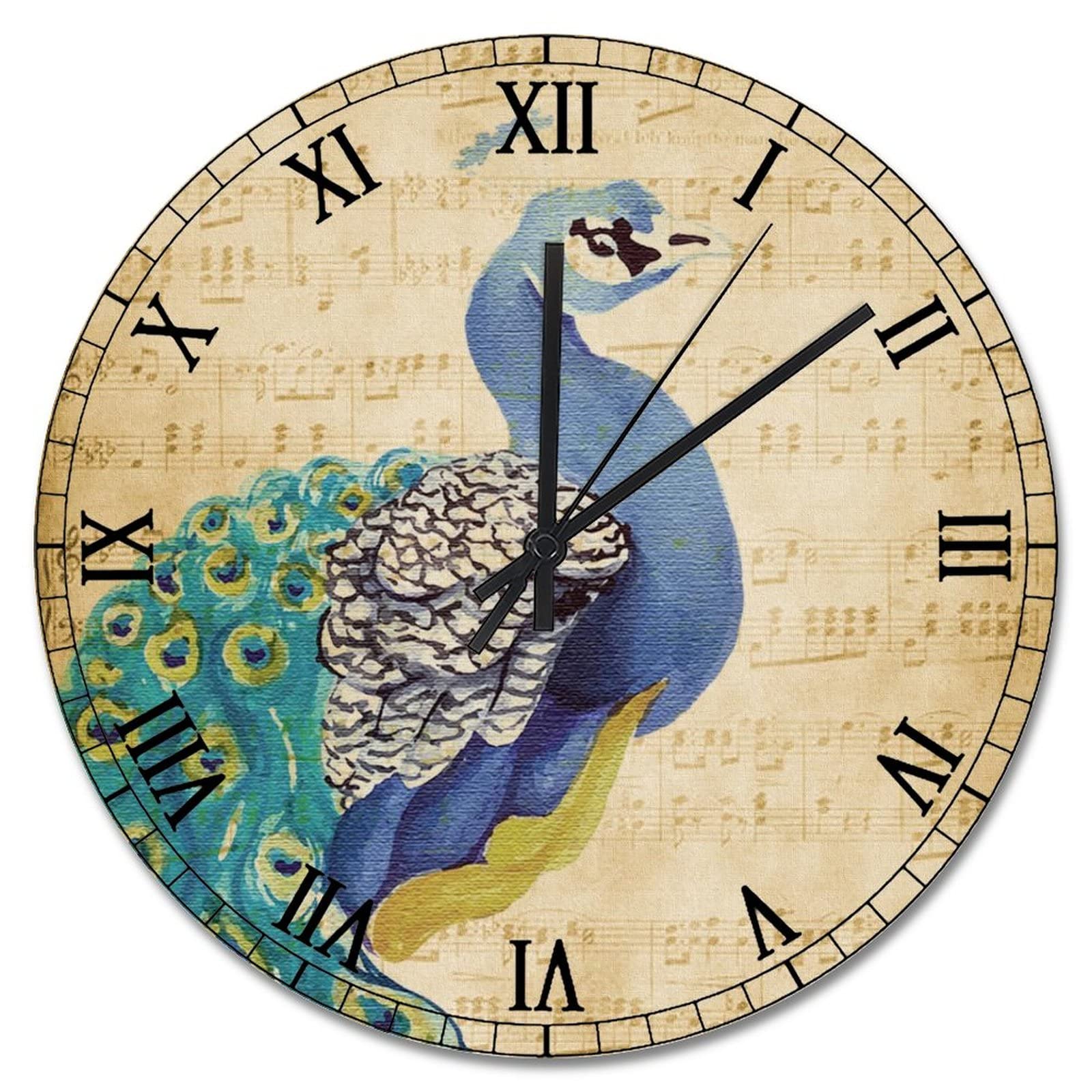 Horloge murale vintage romantique chinoiserie bois paon salon cuisine 38cm
