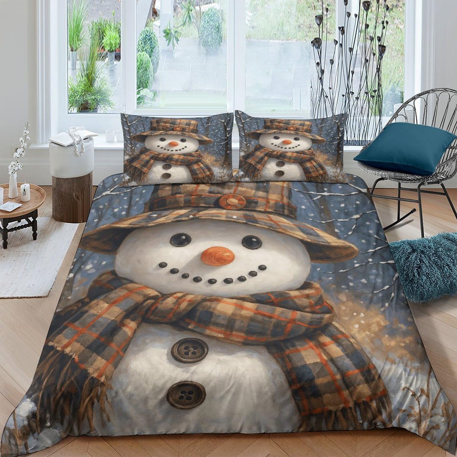 Ctjqhvkz Style-8 3D Printed Snowman Plaid Fitted Sheet Microfiber Soft Anti-Slip Winter Hat Bed Cover For Bedroom Guest Room Decor Single（135X200cm）