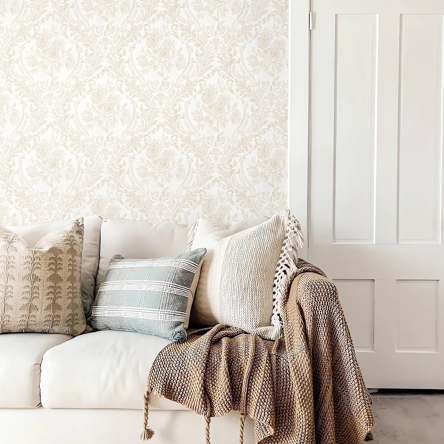Ismoon Floral Peel and Stick Wallpaper Vintage Beige Contact Paper Boho Watercolor Damask Wall Paper Textured Removable Self Adhesive Vinyl Wallpaper for Cabinet Bedroom Wall Decor, 17.3 in X 6.5 ft