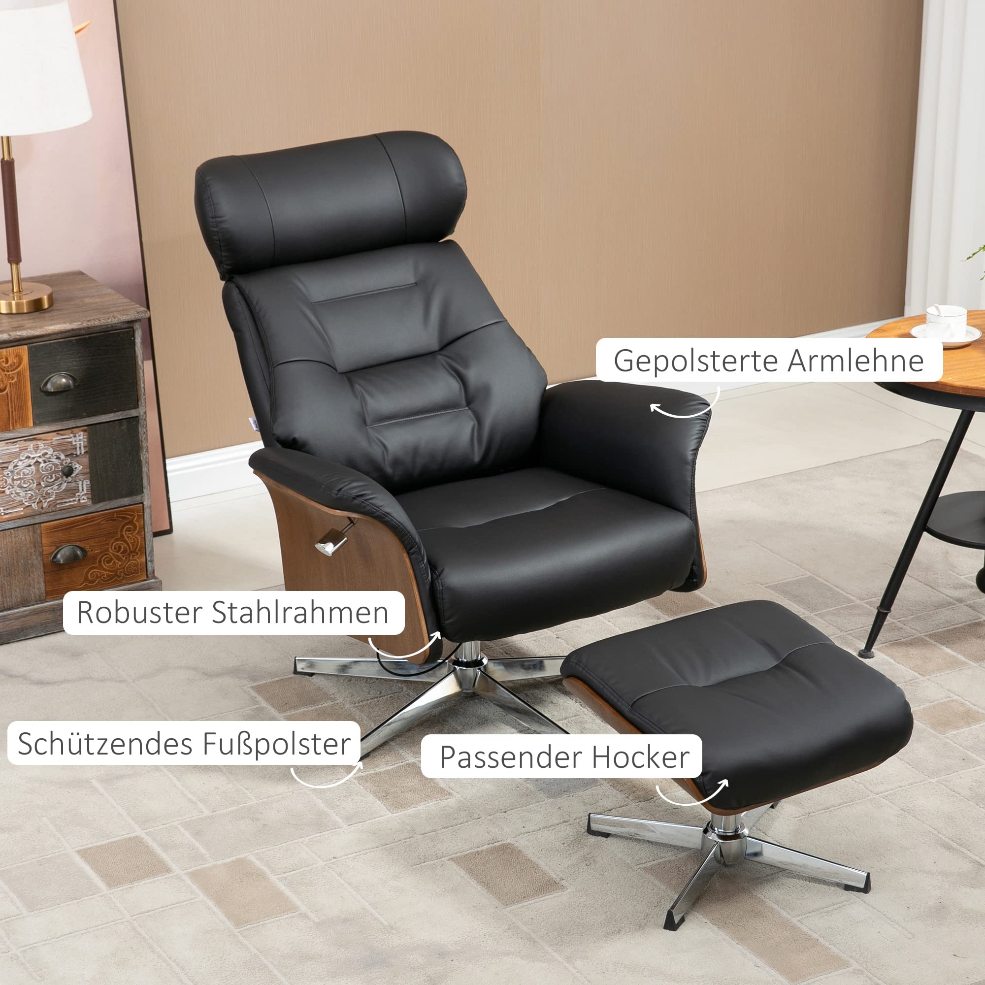 HOMCOM Relaxsessel mit Hocker, Fernsehsessel mit Liegefunktion, verstellbare Kopfstütze, Drehbar, bis 150 kg, Kunstleder, Schwarz