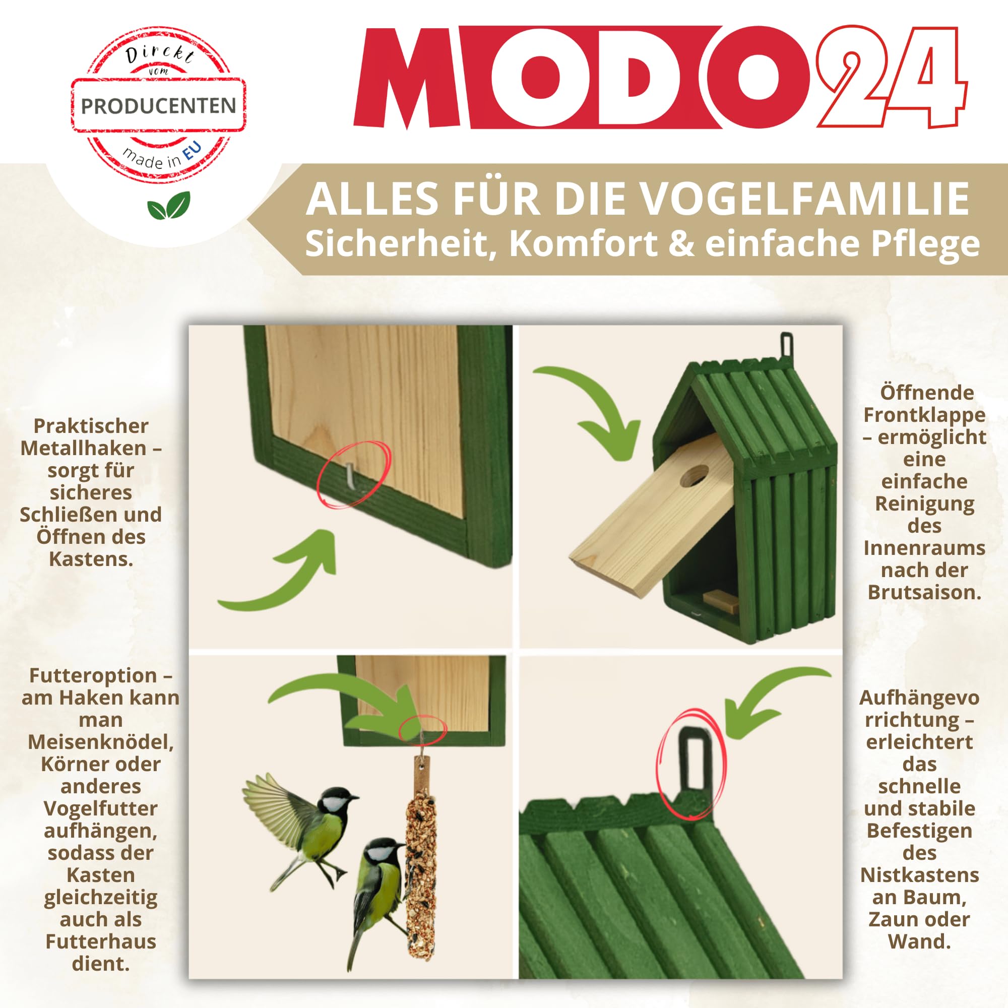 Meisen Nistkasten aus FSC® Holz mit 2,8 cm Einflugloch und mit Heu, Vogelhaus Blaumeisen & Kleinvögel, Brutkasten mit Reinigungsklappe, Futterhaken für Garten, Balkon, 26×15×12 cm, Schwarz