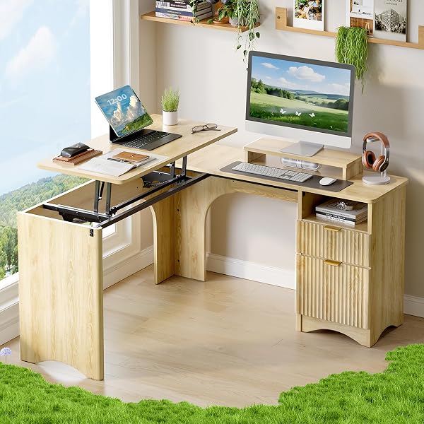 Bestier Fluted Deisgn Lift Top L Shaped Desk with File Drawer
