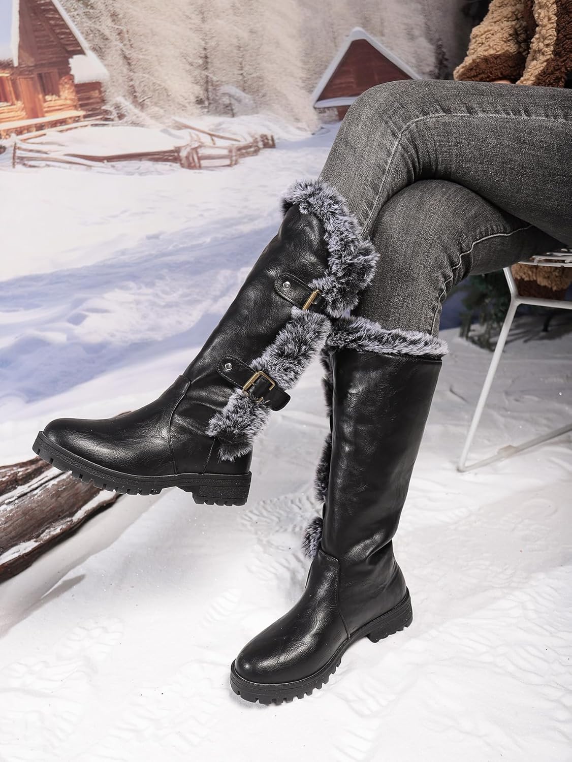 Women's Solid Color Snow Boots, Fashionable Slip-on Plush Lined Winter Boots, Leather Comfortable Mid-calf Boots