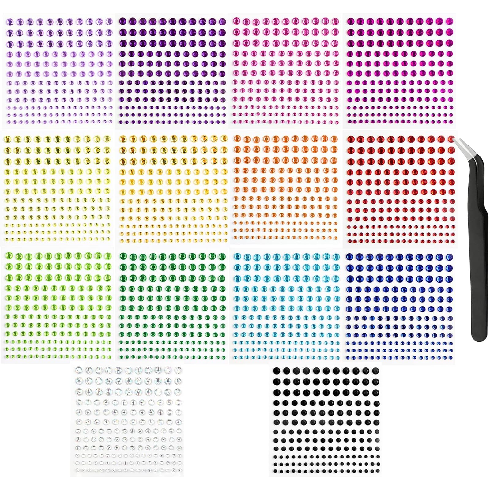 3456 Pieces Rhinestone Stickers, 14 Colors Self Adhesive Gems Sticker, 14 Sheets DIY Bling Diamond Stickers with Pick Up Tweezer for DIY Nail Crafts Jewel Clothes Makeup