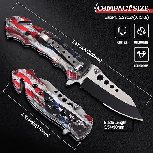 Miniatura 3 de edcfans Cuchillo de bolsillo para hombres y mujeres, cuchillo plegable táctico de 8 pulgadas con bandera de Estados Unidos, pequeños cuchillos EDC