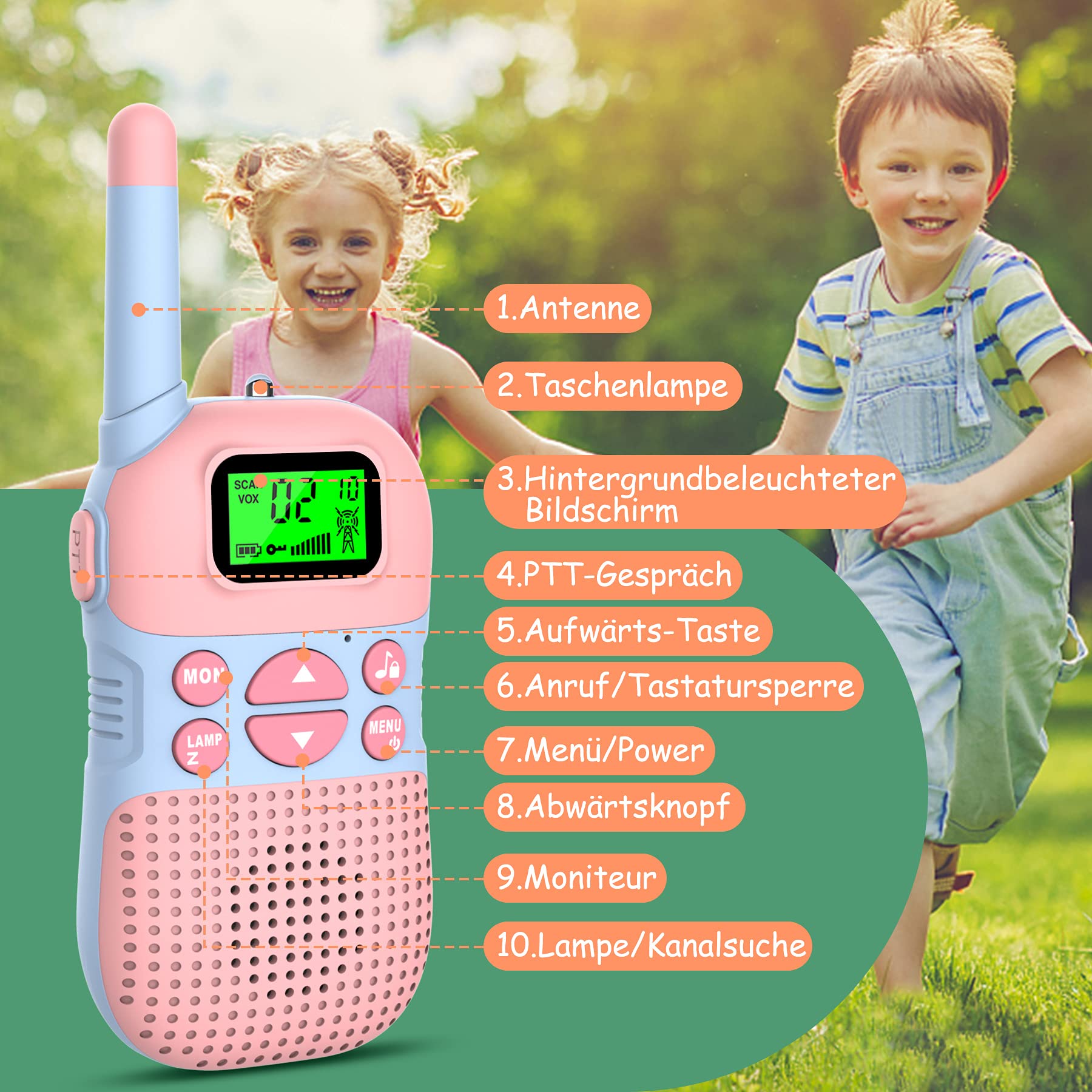 Kidsfun 2×Walkie Talkie dla Dzieci, USB Ładowanie Zabawka na Zewnątrz Walkie Talkie z Latarką, Prezent dla Chłopców i Dziewcząt od 3 Lat, Zasięg 3 Mile na Zakupy, na Zewnątrz, Camping