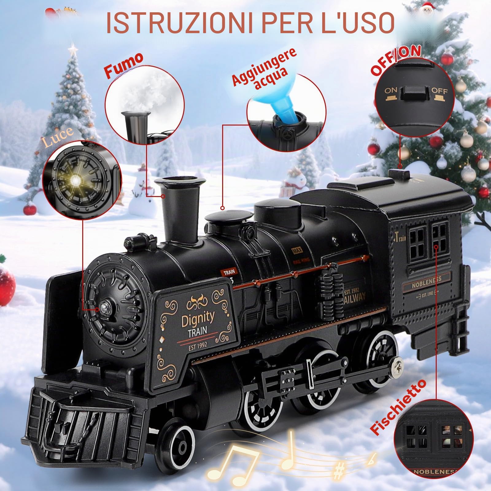 deAO Trenino Natalizio, Trenino Elettrico Classico con Binario Ovale - a Vapore Vintage con Vagoni Illuminati, Vapore e Suono - Regalo Perfetto per Bambini dai 3 4 5 6 Anni+, Nero