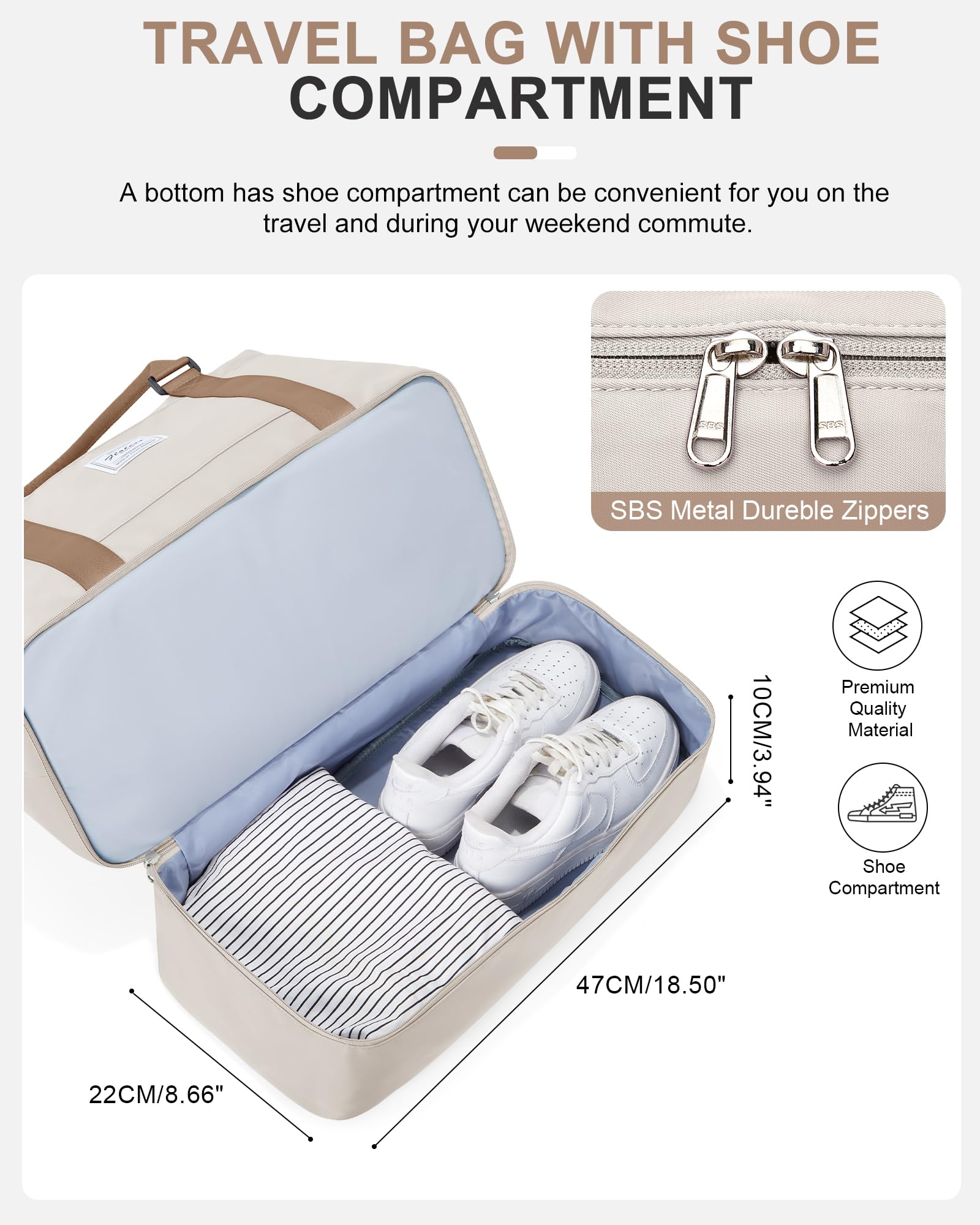 Borsone da Viaggio Donna, Bagaglio a Mano Borsa da Viaggio con Scomparto per le Scarpe, Borsa Sportiva Borsone da Palestra da Weekend,D11-Beige Marrone