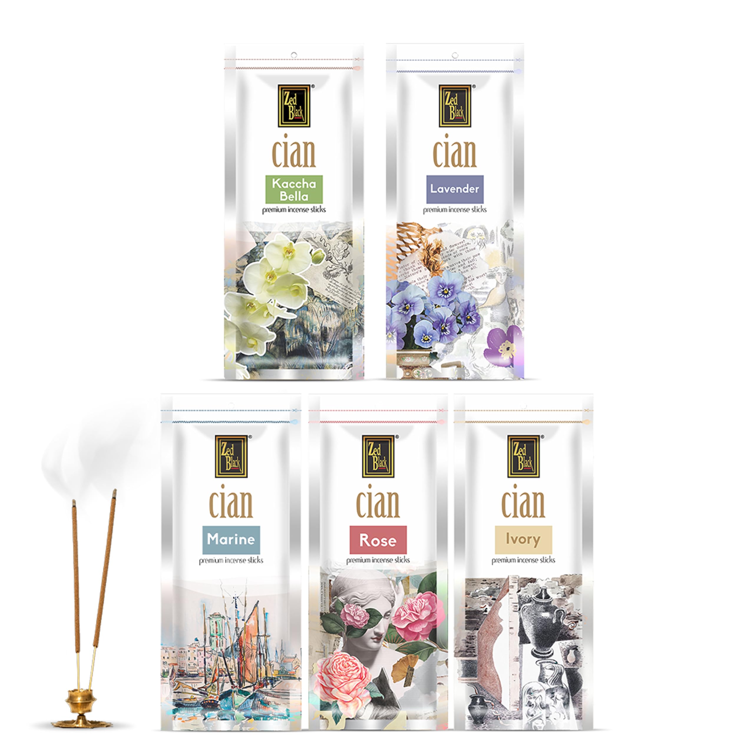 Zed Black Cian Incense Sticks Pack of 5 (in 5 Fragrances of Marine, Rose, Marigold, Lavender and Ivory)