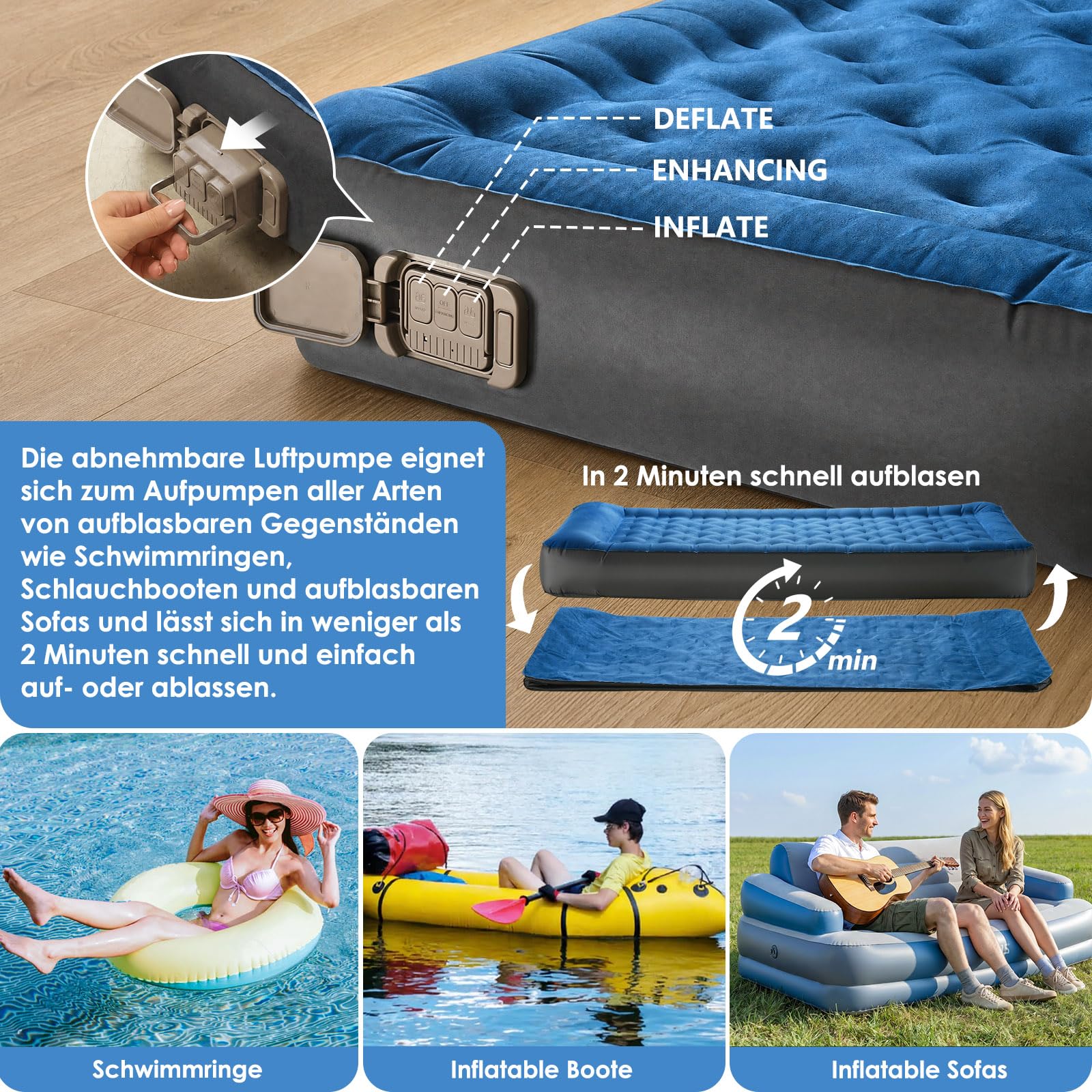 Einzel-Luftmatratze , Camping Isomatte Schnellaufblasend mit abnehmbarer Pumpe & integriertem Kissen, TPU Luftbett Auslaufsicher & Kompakt Gästebett für Zuhause, Camping & Reisen, bis 300kg Belastbar