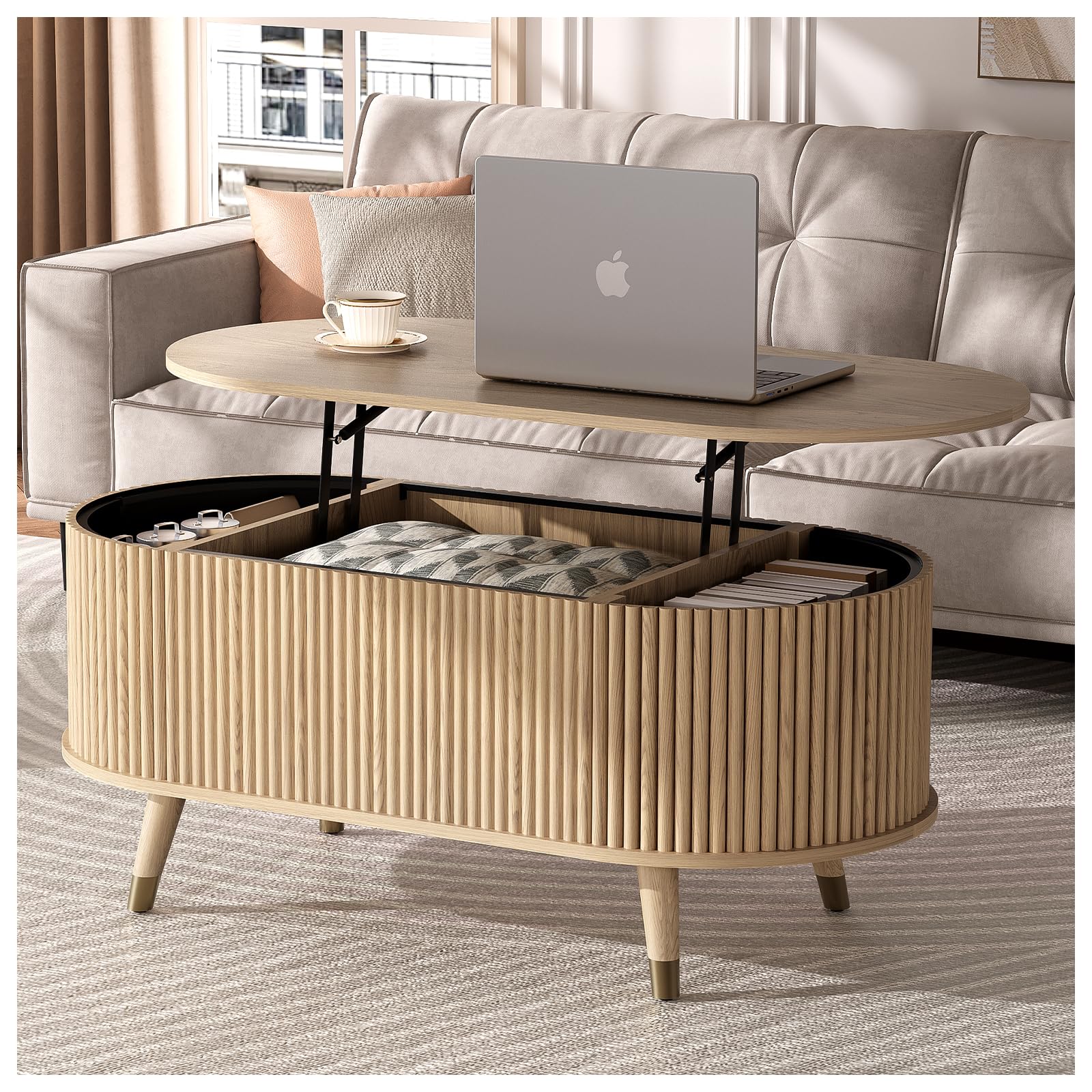 42 5 Oval Lift Top Coffee Table with Storage Modern Oak Center Table with Fluted Design Pop Up