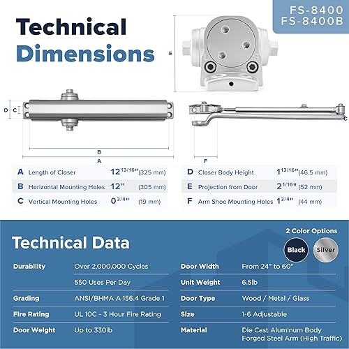 Miniatura 3 de Cierrapuertas comercial FH-8400 Bisagra de cierre de puerta automática estándar de grado 1 resistente - Cumple con ADA UL y CUL UL10C - Acabado