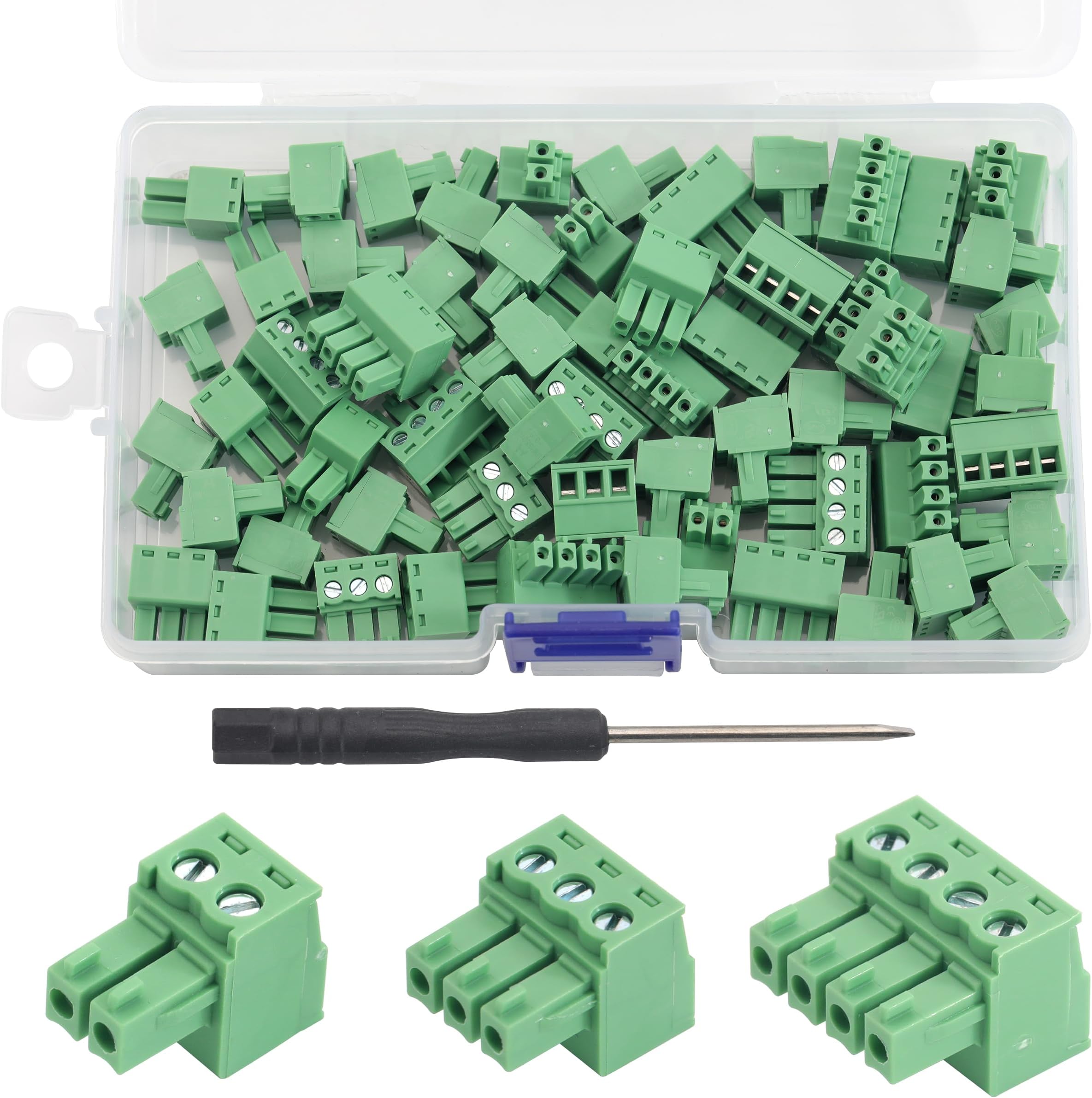 60 Pcs 3.5mm Pitch Pluggable PCB Mount Screw Terminal Block Connector, 2P 3P 4P Terminals 300V 8A for 28-16AWG Cable，Equipped with Screwdriver and Transparent Box