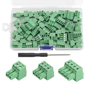 60Pcs 3.81mm Pluggable Screw Terminal Block 2P 3P 4P 300V 10A | Compatible with 28-16AWG cables, includes screwdriver and transparent box for electronic wiring assembly