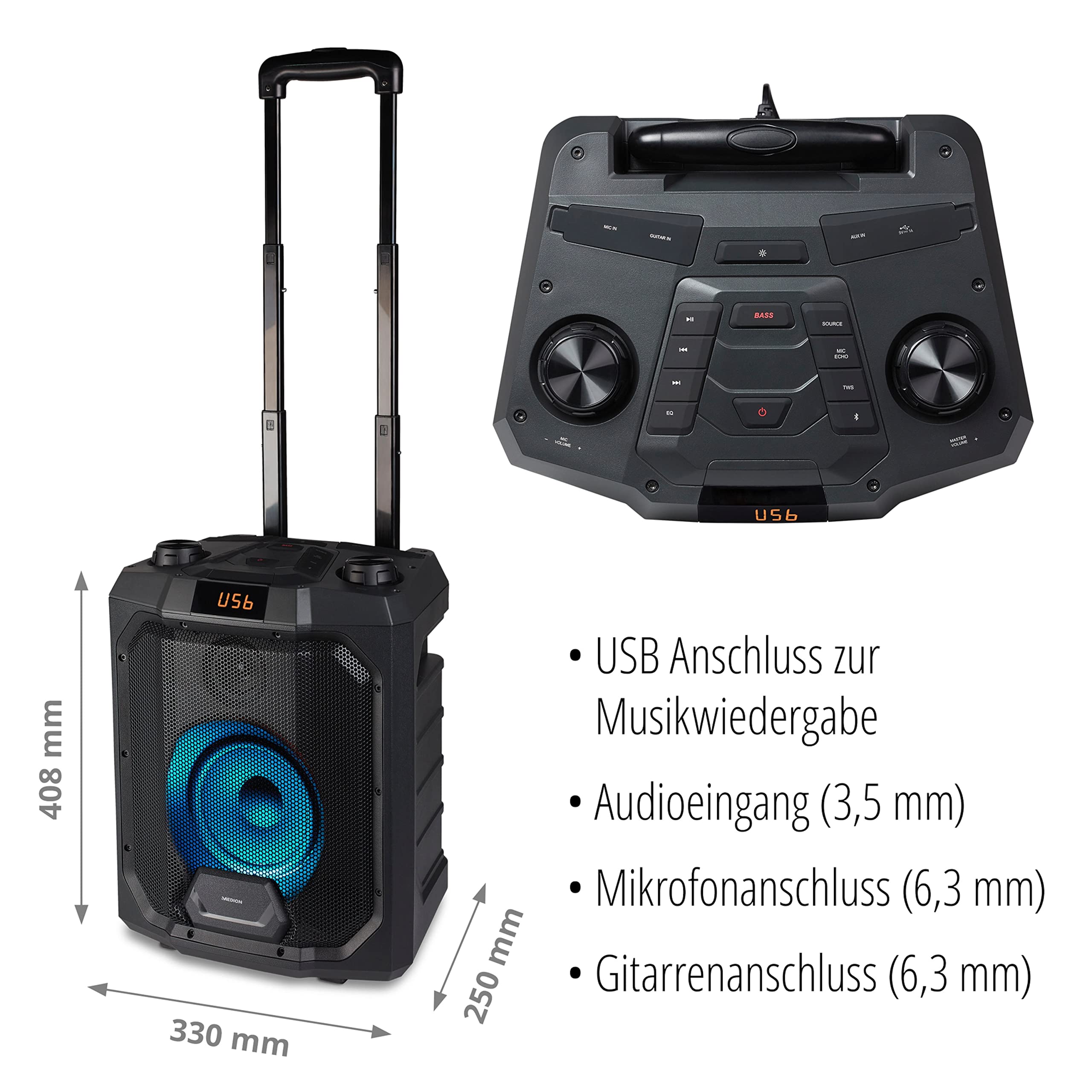 MEDION P61988 Party-Soundsystem (Mobile PA, Partylautsprecher,Karaoke, Bluetooth, Kompaktanlage, 500 Watt, 4000mAh Akku, Farbige LED, USB, AUX, Mikrofonanschluss, Gitarrenanschluss)