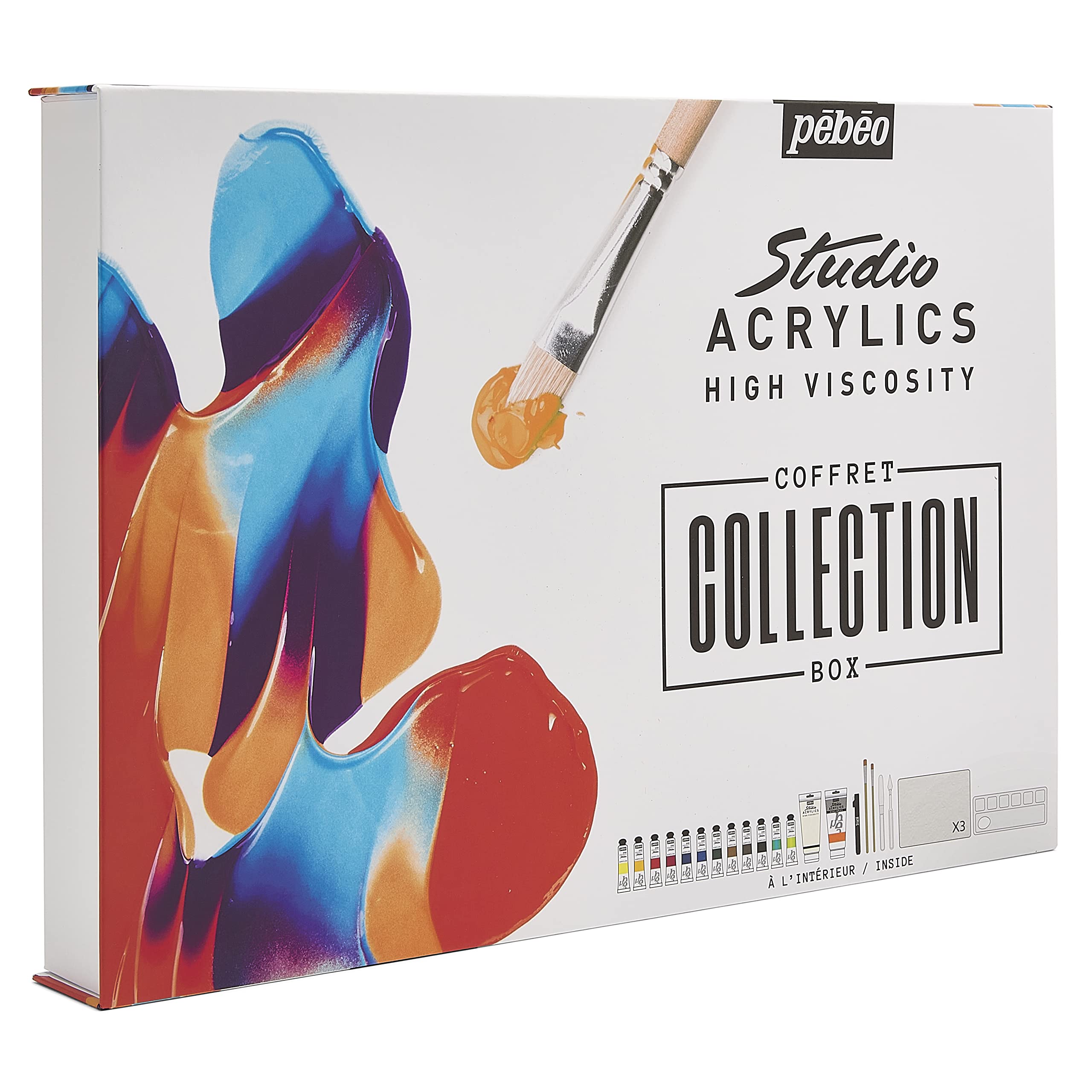 Pebeo Zestaw do kolekcji Studio Acrylics – 12 tubek 20 ml + biel tytanowa 100 ml + pasta do modelowania + 1 czarny marker akrylowy + 2 pędzle + 4 noże do malowania, 1 paleta, 3 płyty płócienne.