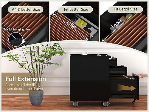 Miniatura 5 de Archivador vertical con 3 cajones con bloqueo, totalmente montado, excepto ruedas, archivador vertical con ruedas para documentos legalescartaA4 (3