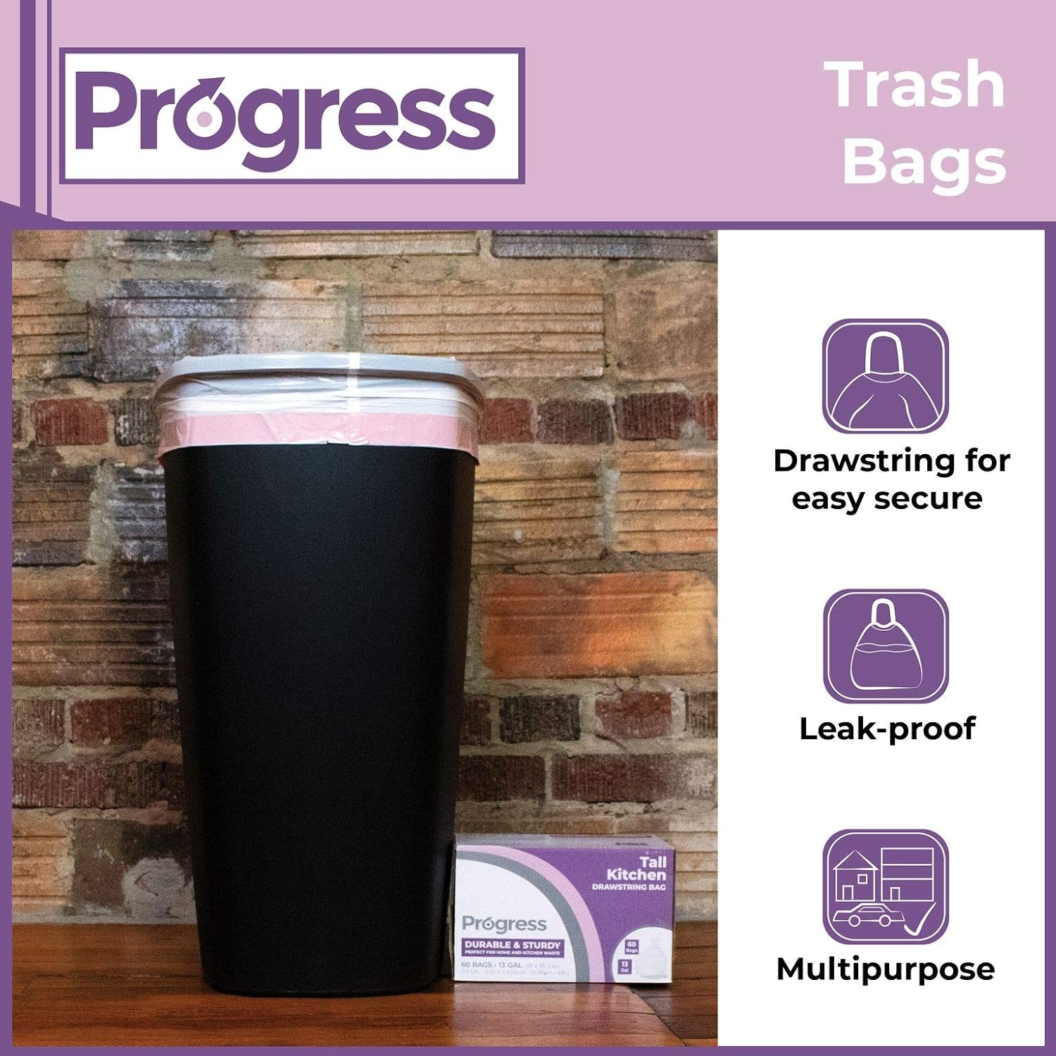 Progress Drawstring Trash Bags – 13 Gallon, Portable, Tall Garbage Bags, Can Liners for Kitchen, Office, Bathroom, Garage | Waste Disposal Supplies (100 Count)